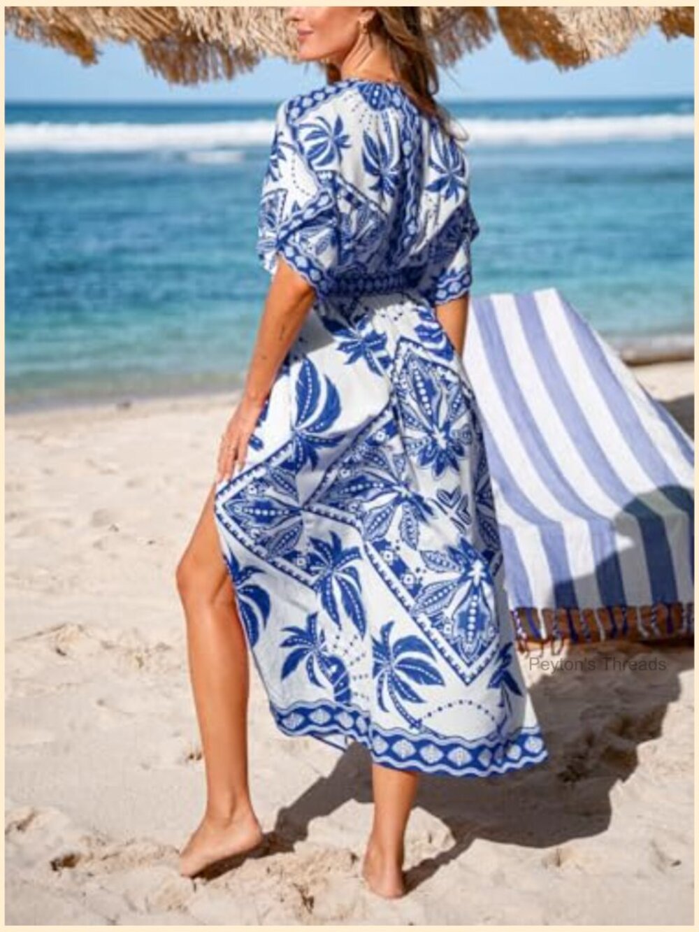 Tropical Floral Maxi Dress with Pockets V Neck Short Sleeve Smocked Slit Dress - Picture 2 of 7